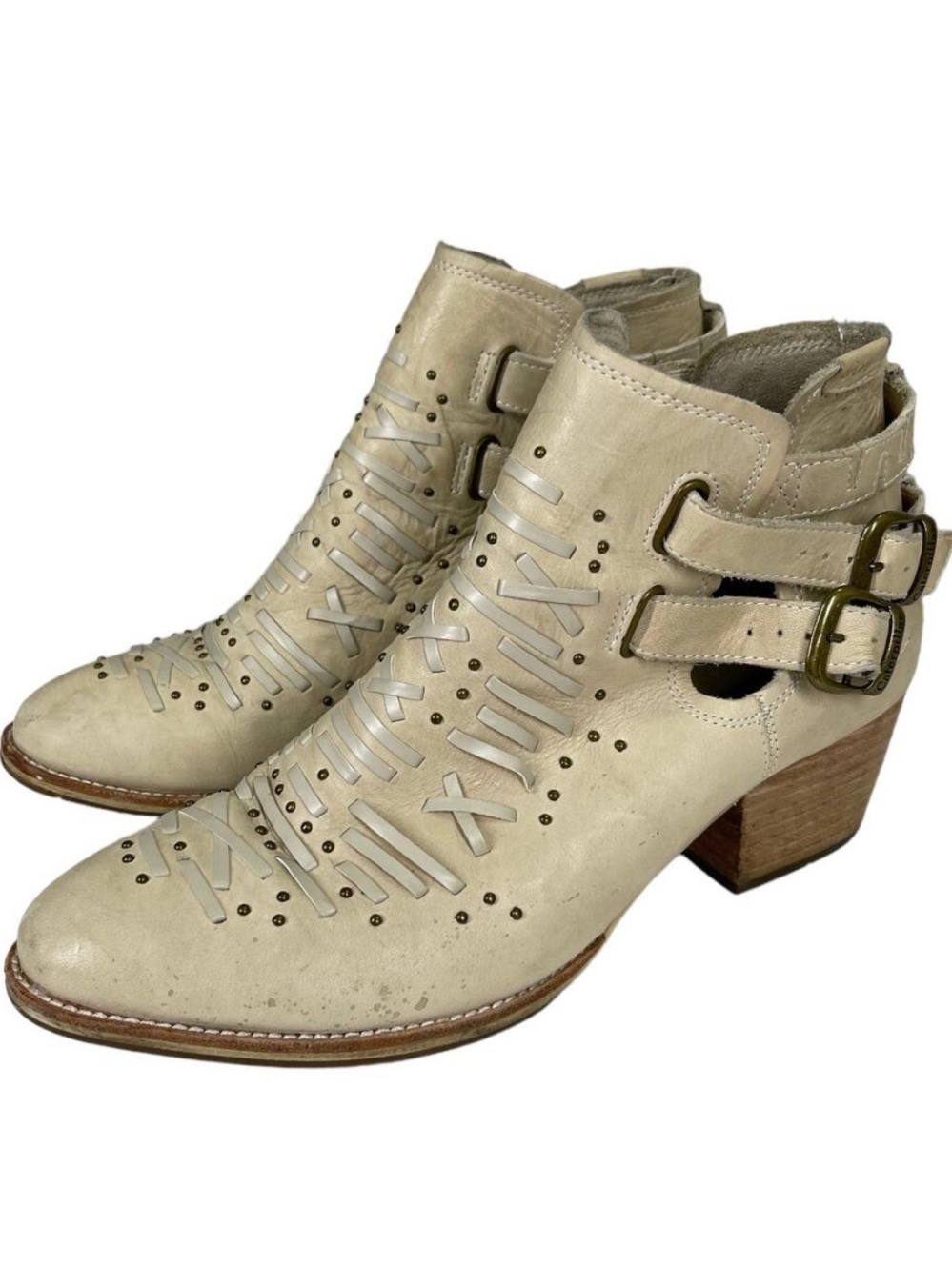 Caterpillar Beige Leather Cutout Buckle Ankle Boots